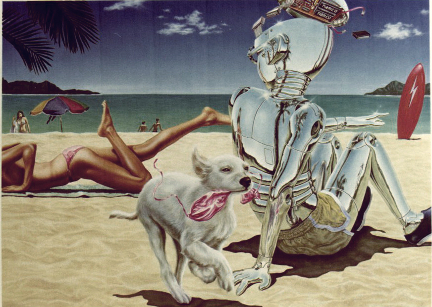 これもナムコの企業広告のシリーズの一枚。
しかしこの絵は当時の中村雅也社長がGOの支持を出してくれなかったいわくつきのイラストだ。K課長曰く、「サーフィンボードの色が気に喰わないんじゃないか？」
・・・なんですとぉ～～！