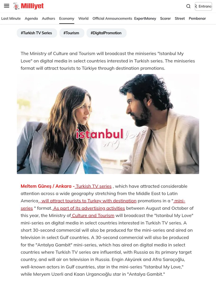 "...between August and October of this year, the Ministry of Culture and Tourism will broadcast the "Istanbul My Love" mini-series on digital media in select countries interested in Turkish TV series..." #EnginAkyürek #AfraSaraçoğlu #IstanbulMyLove  
milliyet.com.tr/ekonomi/mini-t…