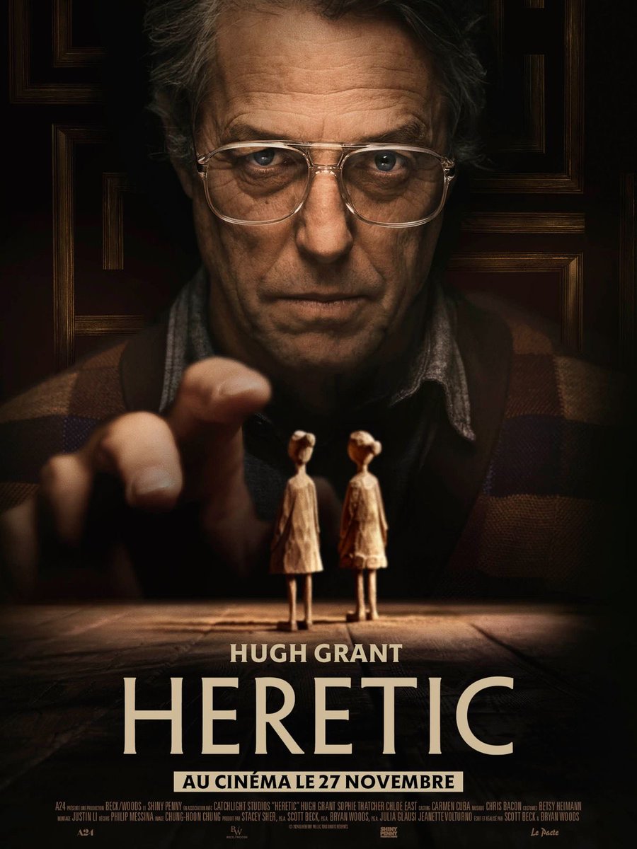 Sur un scénario aux thèmes universels et intéressants, #Heretic est un huis clos dans sa première partie et un film horrifique dans sa seconde. 
La mise en scène est astucieuse, les comédiens impliqués, Hugh Grant phénoménal et flippant. 
Une bonne surprise sur <a href="/canalplus/">CANAL+</a>.