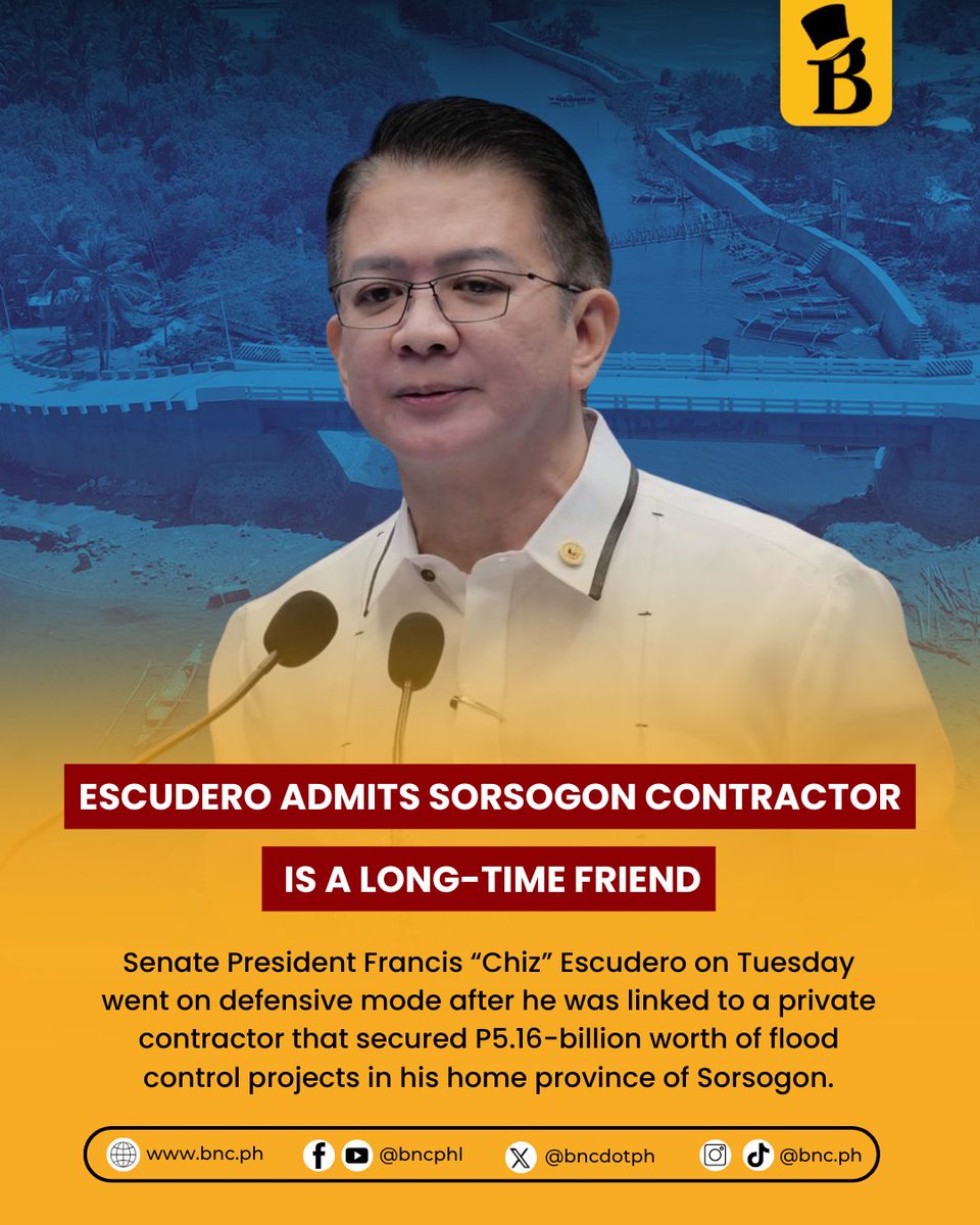 Senate President Francis “Chiz” Escudero on Tuesday went on defensive mode after he was linked to a private contractor that secured P5.16-billion worth of flood control projects in his home province of Sorsogon.

Read the full story below.