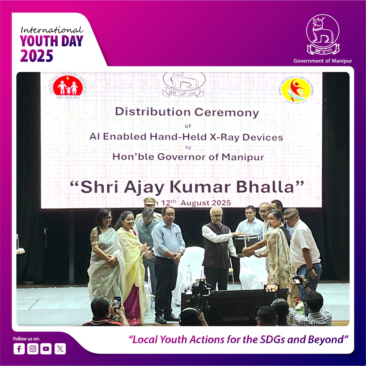 govt_of_manipur's tweet photo. The State Level observance of International Youth Day 2025 and the launching of the Intensified IEC Campaign 2025 was held today at the City Convention Centre, Imphal.

The event was graced by the Hon’ble Governor of Manipur, Shri Ajay Kumar Bhalla, Chief Secretary Dr. Puneet Kumar Goel, and Commissioner-cum-Secretary (Health & Family Welfare) Shri Sumant Singh.

The occasion highlighted the crucial role of youth in shaping a healthier, informed and progressive Manipur, while also marking the beginning of an intensified public awareness drive under the IEC (Information, Education, and Communication) Campaign 2025.

As a part of the programme, AI-enabled handheld X-Ray devices were distributed by the Hon’ble Governor, marking a step forward in strengthening healthcare accessibility in the State.
@RajBhavManipur 

#InternationalYouthDay #YouthEmpowerment #IEC2025 #GovernmentOfManipur