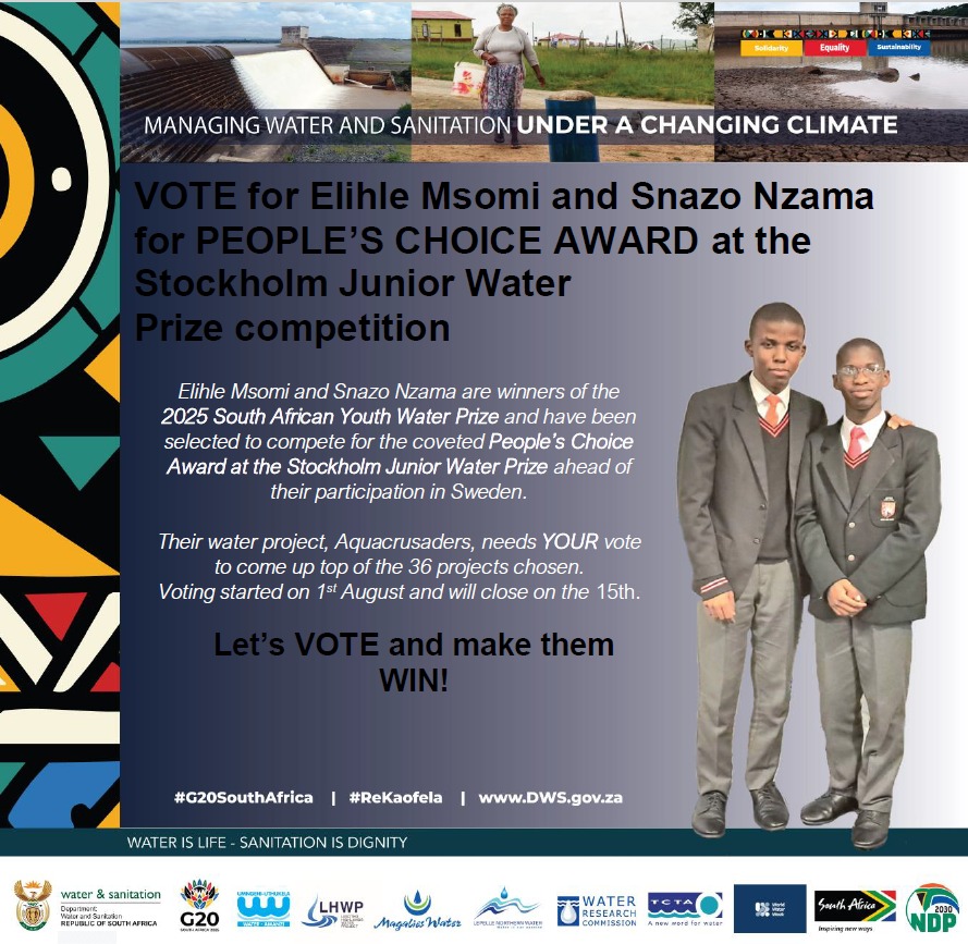 DWS_RSA's tweet photo. People’s choice award voting is up and running!! Elihle Msomi and Snazo Nzama, winners of the South African Youth Water Prize, will fly the country's flag 🇿🇦 high at the Stockholm Junior Water Prize competition this year! 

https://t.co/cV9atPOIc6 https://t.co/PEFAU4jru6