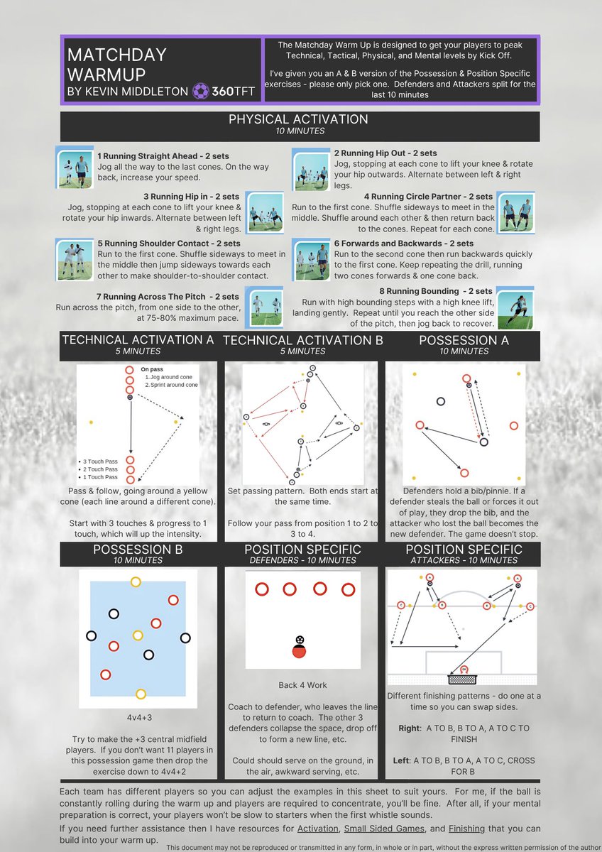 Matchday Warmup. 

Are you warming up for the game or starting the game in the warmup?

This warmup structure is an example of one that mirrors match demands: 

⚽technical precision
⚽tactical awareness
⚽physical readiness 
⚽mental sharpness

Be ready before the first whistle.