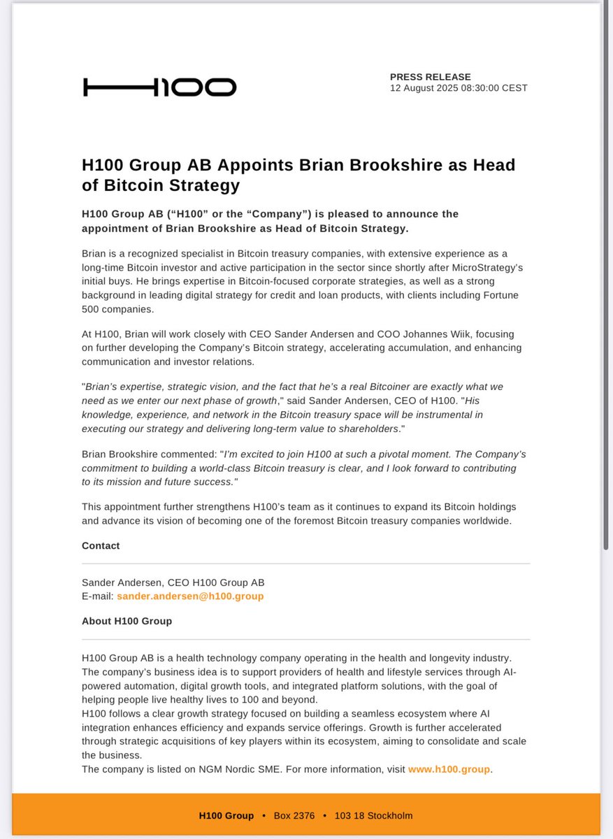 H100 (@h100group) on Twitter photo H100 Group AB ($H100, $GS9) appoints <a href="/btc_overflow/">Brian Brookshire (Bitcoin Overflow)</a> as Head of Bitcoin Strategy 🤝🟠
Brian is a recognized specialist in Bitcoin treasury companies, with extensive experience as a long-time Bitcoin investor and active participation in the sector since shortly after H100 Group AB ($H100, $GS9) appoints <a href="/btc_overflow/">Brian Brookshire (Bitcoin Overflow)</a> as Head of Bitcoin Strategy 🤝🟠
Brian is a recognized specialist in Bitcoin treasury companies, with extensive experience as a long-time Bitcoin investor and active participation in the sector since shortly after