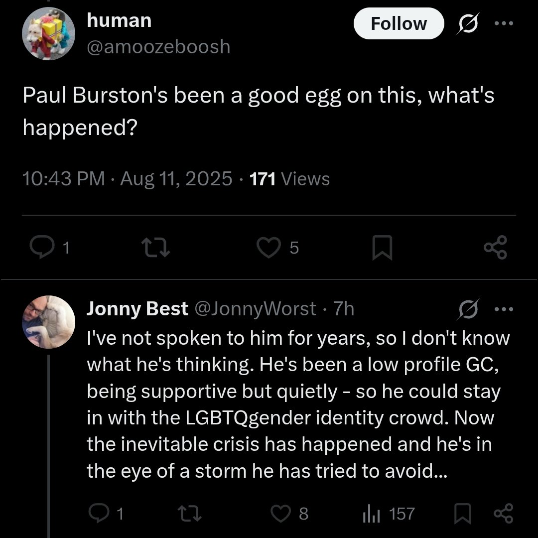 Here is a high-profile "gender critical" activist confirming that Paul Burston, founder of the Polari Prize, is a "low profile GC" (gender critical), so if you accept a Polari Prize you are accepting it from a person with so-called "gender critical" beliefs.  1/