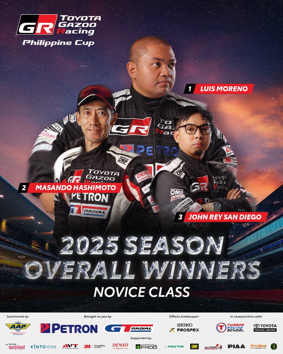TGRPhilippines's tweet image. Your 2025 TOYOTA GAZOO Racing Philippine Cup Novice Class Winners!

🥇Luis Moreno
🥈Masando Hashimoto
🥉John Rey San Diego

#TGRPhilippineCup2025
#TOYOTAGAZOORacing 
#PushingTheLimitsForBetter
#TGRPhilippines