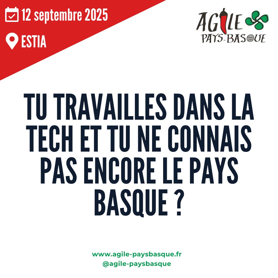 agilepb's tweet image. Tu travailles dans la tech et tu ne connais pas encore le Pays Basque ?
C’est peut-être le bon moment pour venir le découvrir et faire une pierre deux coups. Agile Pays Basque revient le 12 septembre 2025 à Bidart.
👉 La billetterie : helloasso.com/associations/a…