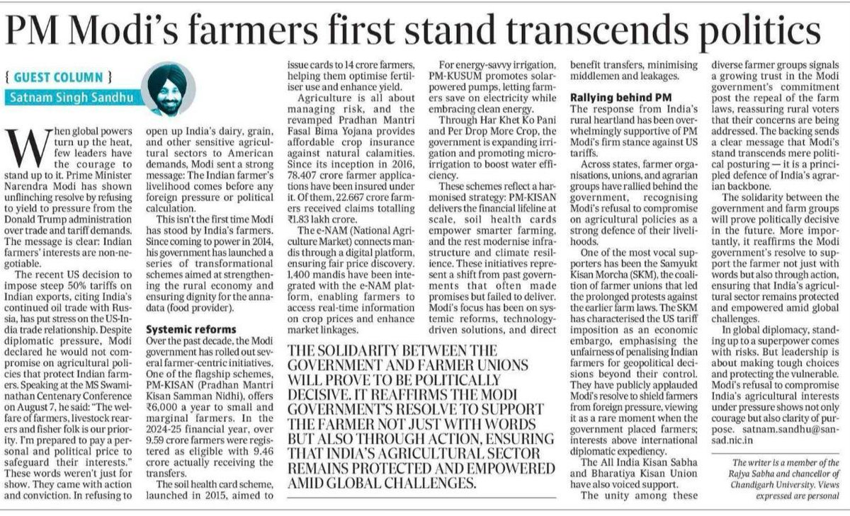 PMO India (@pmoindia) on Twitter photo In this insightful read, <a href="/satnamsandhuchd/">Satnam Singh Sandhu</a> Ji highlights how the Government's farmer-first approach, through crop insurance, soil health cards, direct benefit transfers and modern irrigation, has strengthened livelihoods, enhanced productivity and ensured resilience in India’s In this insightful read, <a href="/satnamsandhuchd/">Satnam Singh Sandhu</a> Ji highlights how the Government's farmer-first approach, through crop insurance, soil health cards, direct benefit transfers and modern irrigation, has strengthened livelihoods, enhanced productivity and ensured resilience in India’s