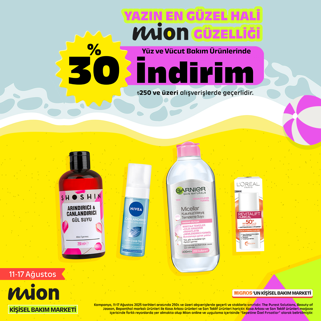 Şişirilmemiş İndirimler Mion’da!🤩
11-17 Ağustos tarihleri arasında 250TL üzeri alışverişlerde geçerli Yüz ve Vücut Bakım Ürünlerinde %30 indirim #ArenaPark Mion mağazasında! 🚨Mion’u takip et, fırsatları kaçırma! #ArenaParkAVM #Mion #KişiselBakımMarketi <a href="/mionturkiye/">mionturkiye</a>