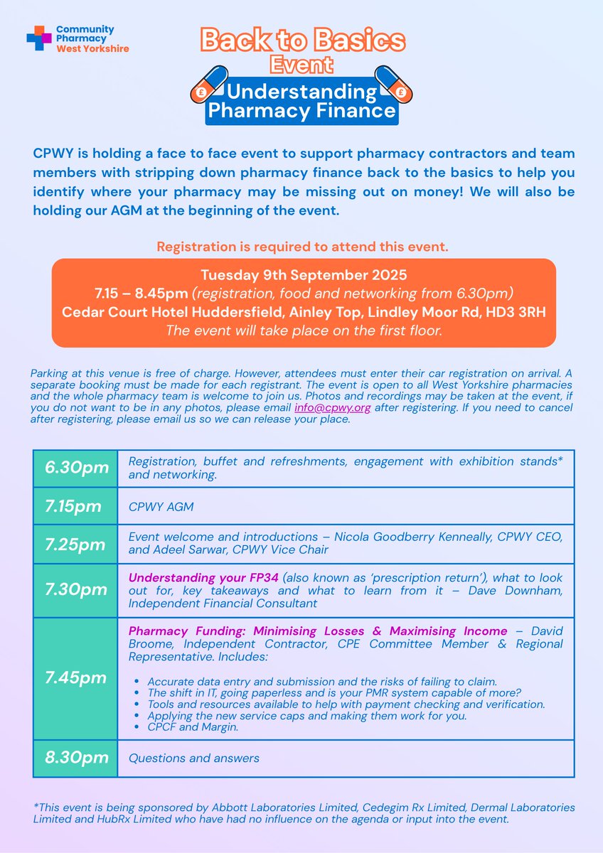 Join us for an evening to help you identify where your pharmacy may be missing out on money 💷

🗓️ Tues 9th Sept, 7.15pm (arrival from 6.30pm)
📌 Cedar Court, Huddersfield
✍️ Registration required
👇 Agenda below

Book here: cpwy.org/our-news/back-…