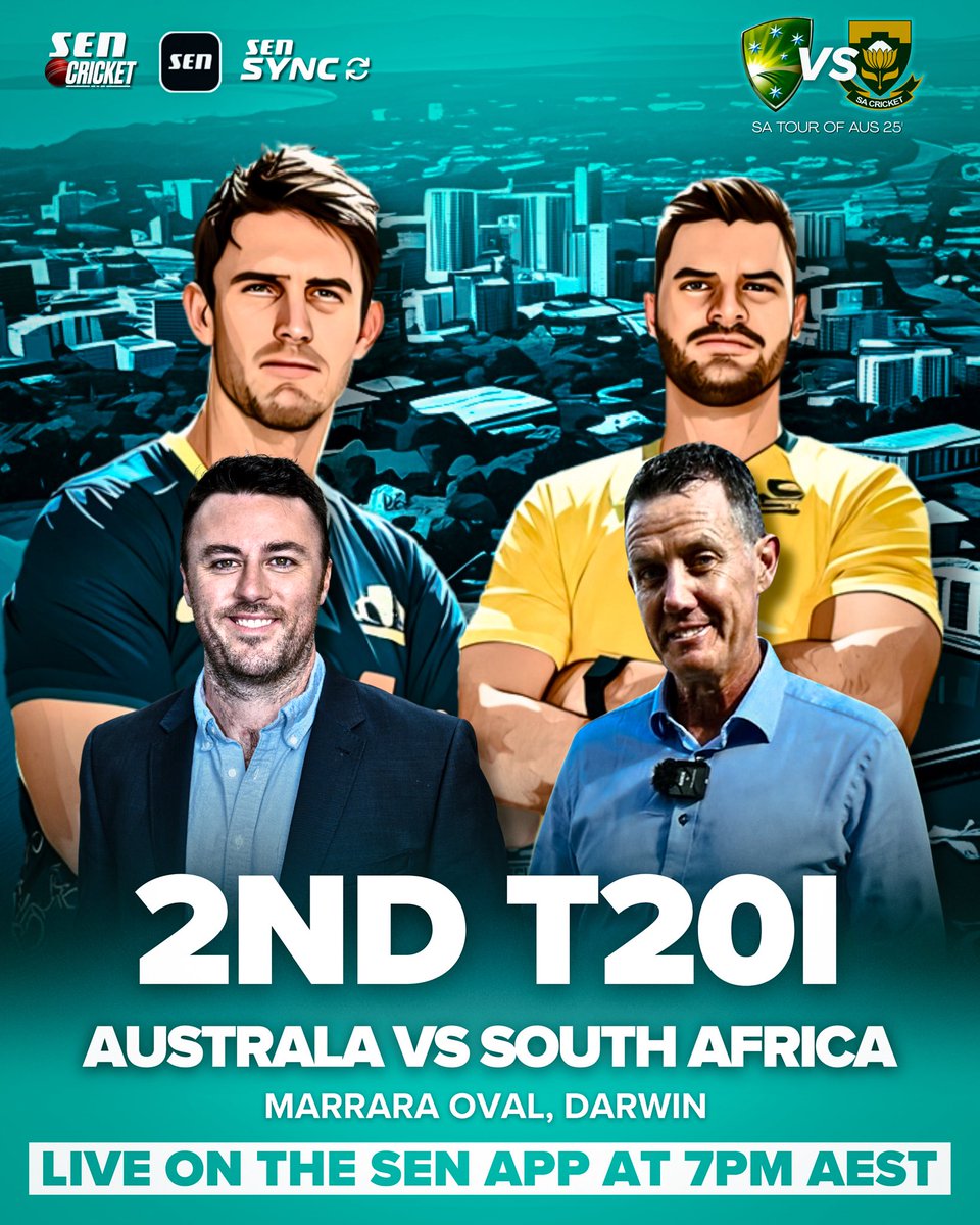 SEN_Cricket's tweet photo. Australia are going for 10 T20I wins in a row tonight as the series continues in Darwin!

𝗬𝗼𝘂𝗿 𝗰𝗼𝗺𝗺𝗲𝗻𝘁𝗮𝘁𝗼𝗿𝘀:
🎙 @jdonohoe12 
🎙 @BryceMcGain18 

📲 https://t.co/u9LefIocER 
📻 https://t.co/rdq1g2FXeO 

#AUSvRSA 🏏 https://t.co/YYt47Wz3CA