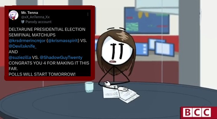 Stronkitaly's tweet photo. NEWS.

The Deltarune Presidential elections, hosted by @xX_AnTenna_Xx ,are coming to an end.
There are 4 candidates now;
@krsdrmerincmjor , @Devilsknife_ 
@suziezilla and @ShadowGuyTwenty .

Best of luck to the candidates!

(And sorry that I tagged you.) https://t.co/EgoonUaNf1