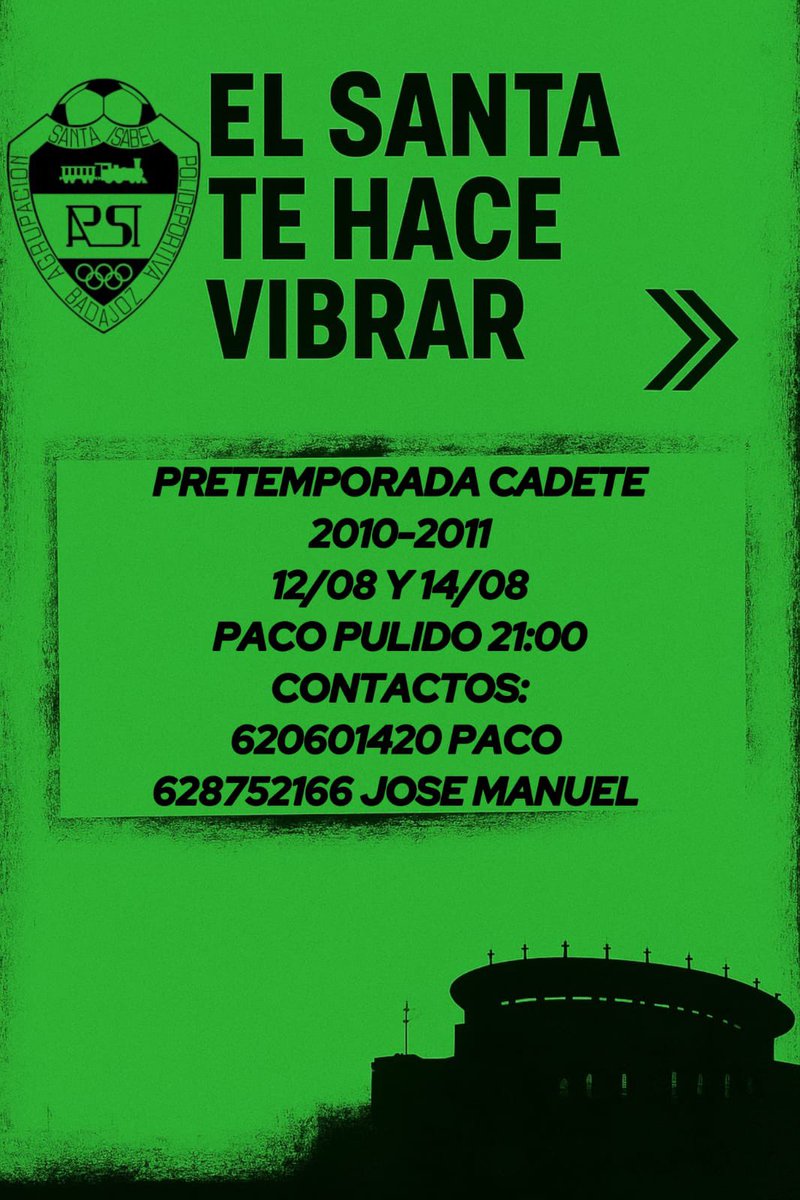 💚 CADETE

⏳ HOY EMPIEZAN LOS ENTRENAMIENTOS DE LA CATEGORÍA CADETE

💪🏽 NO DUDES EN VENIR Y SER PARTE DE LA FAMILIA DEL SANTA 😁

#ElSantaTeHaceVibrar