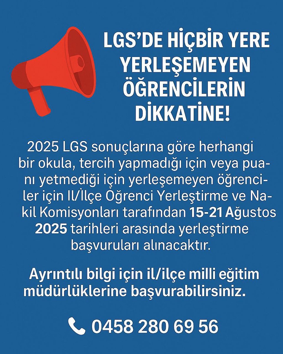 Bayburt İl Millî Eğitim Müdürlüğü (@bayburtmem) on Twitter photo 📢 LGS’de Yerleşemeyenler!
Tercih yapmayan veya puanı yetmeyen öğrenciler için yerleştirme başvuruları 15-21 Ağustos 2025’te İl/İlçe Yerleştirme Komisyonlarında yapılacak.
📍 Detay: İl/ilçe MEM
📞 0458 280 69 56
#LGS2025 #Yerleştirme #BayburtMEM <a href="/ofarukkahraman/">Ömer Faruk Kahraman</a> 📢 LGS’de Yerleşemeyenler!
Tercih yapmayan veya puanı yetmeyen öğrenciler için yerleştirme başvuruları 15-21 Ağustos 2025’te İl/İlçe Yerleştirme Komisyonlarında yapılacak.
📍 Detay: İl/ilçe MEM
📞 0458 280 69 56
#LGS2025 #Yerleştirme #BayburtMEM <a href="/ofarukkahraman/">Ömer Faruk Kahraman</a>