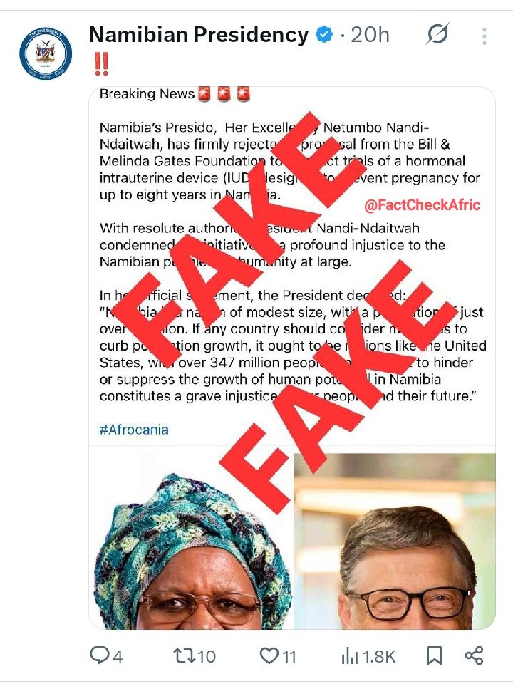 FactCheckAfric's tweet photo. The Namibian Presidency has debunked claims that President Netumbo Nandi-Ndaitwah rejected a Gates Foundation contraceptive trial, calling the story false.

Verdict: This page is well known to post fake news! https://t.co/JMqBMDaEIn