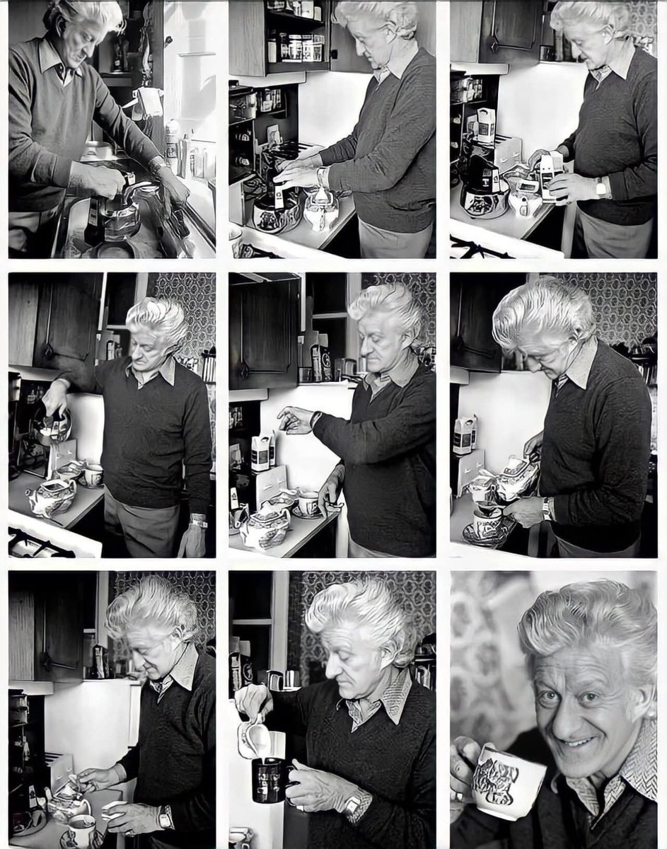 lecrin's tweet photo. 1989. Nice man making a cuppa. Never forgotten him approaching me and a film crew in Carnaby Street and taking us on a tour of Soho. Impromptu filming with him talking about the history of the area. Probably in that very year. #JohnPertwee https://t.co/GdkJ1cGAQC