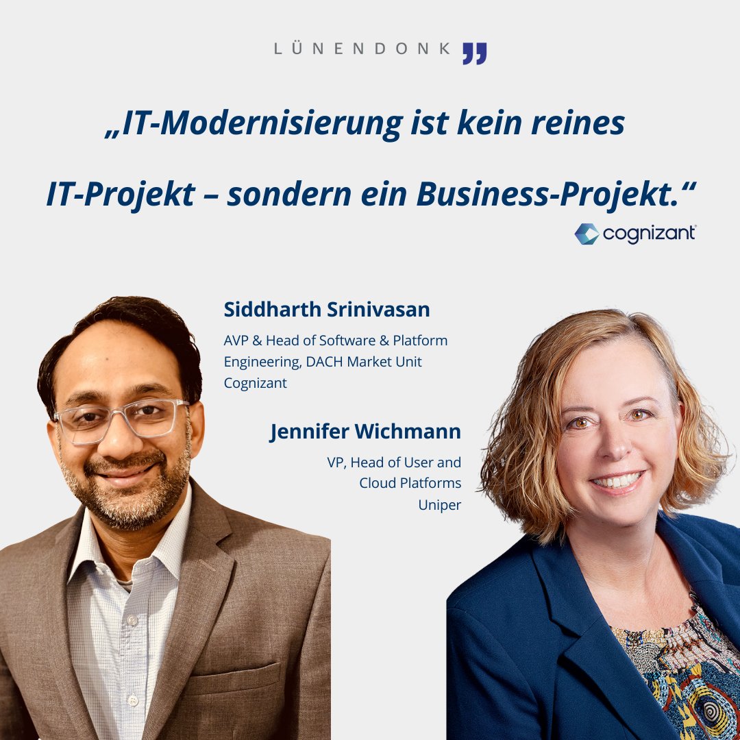 Lünendonk (@luenendonk) on Twitter photo „#IT-Modernisierung ist kein IT-Projekt – sondern ein Business-Projekt.“ Jennifer Wichmann von <a href="/UniperGermany/">Uniper Deutschland</a> und Siddharth Srinivasan von <a href="/COGNIZANTde/">Cognizant Germany</a> im #Lünendonk-Interview über #CloudTransformation und die Rolle von #Legacy-Systemen.
Zum Download: luenendonk.de/produkt/luenen… „#IT-Modernisierung ist kein IT-Projekt – sondern ein Business-Projekt.“ Jennifer Wichmann von <a href="/UniperGermany/">Uniper Deutschland</a> und Siddharth Srinivasan von <a href="/COGNIZANTde/">Cognizant Germany</a> im #Lünendonk-Interview über #CloudTransformation und die Rolle von #Legacy-Systemen.
Zum Download: luenendonk.de/produkt/luenen…