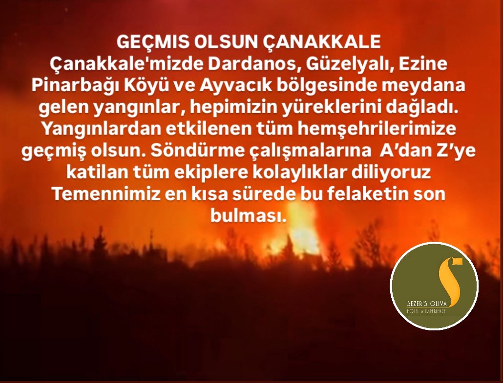 Çanakkale’mizin birçok bölgesinde meydana gelen yangınlar hepimizin yüreğini dağladı.😔
Yangınlardan etkilenen tüm hemşehrilerimize geçmiş olsun diyor. Söndürme çalışmalarına katılan tüm ekiplere saygı ve minnetle kolaylıklar diliyoruz. 🙏 #CANAKKALEYANIYOR