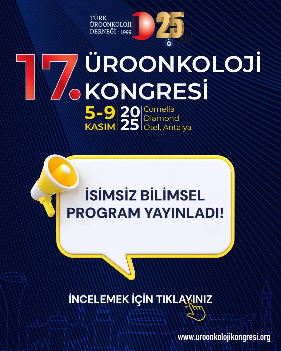 Uroonkoloji1999's tweet photo. 📢 17. Üroonkoloji Kongresi
📅 5-9 Kasım 2025 | Cornelia Diamond Otel, Antalya
İsimsiz Bilimsel Program yayında! 🧠
📄 Tüm detayları incelemek için hemen tıklayın:
🌐 https://t.co/wgBhUJa2Xb
#Üroonkoloji #TUD #ÜroonkolojiKongresi #BilimselProgram #Kongre2025 https://t.co/qVIPHRAS6Q