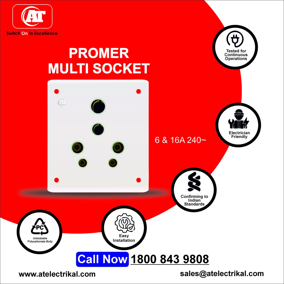 ATELECTRIKAL's tweet image. AT PROMER Multi Socket – 6 &amp;amp; 16A, Built for Durability &amp;amp; Safety. Upgrade your electrical setup with the AT PROMER Multi Socket, designed for continuous operations and maximum safety. call now 1800 8439 808 and visit our site atkabel.com  #ATKabel #MultiSocket