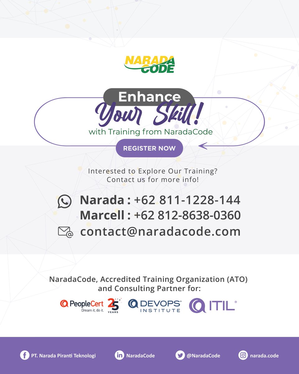 NaradaCode's tweet image. Jangan lewatkan kesempatan ini untuk meningkatkan kompetensi Anda! Hubungi kami sekarang juga untuk mendapatkan informasi lebih lanjut dan mendaftar! 😊

#naradacode #training #itilfoundation #itil4 #itilindonesia #trainingitil4foundation #publictraining #SeptemberTraining