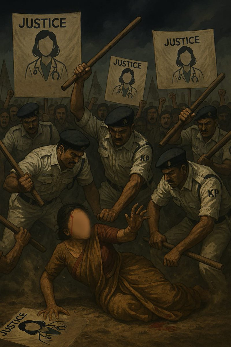 BJP4Bengal's tweet photo. A mother gets beaten by State Police for seeking justice for her daughter, a victim of institutionalized rape and murder - this is the reality of West Bengal.