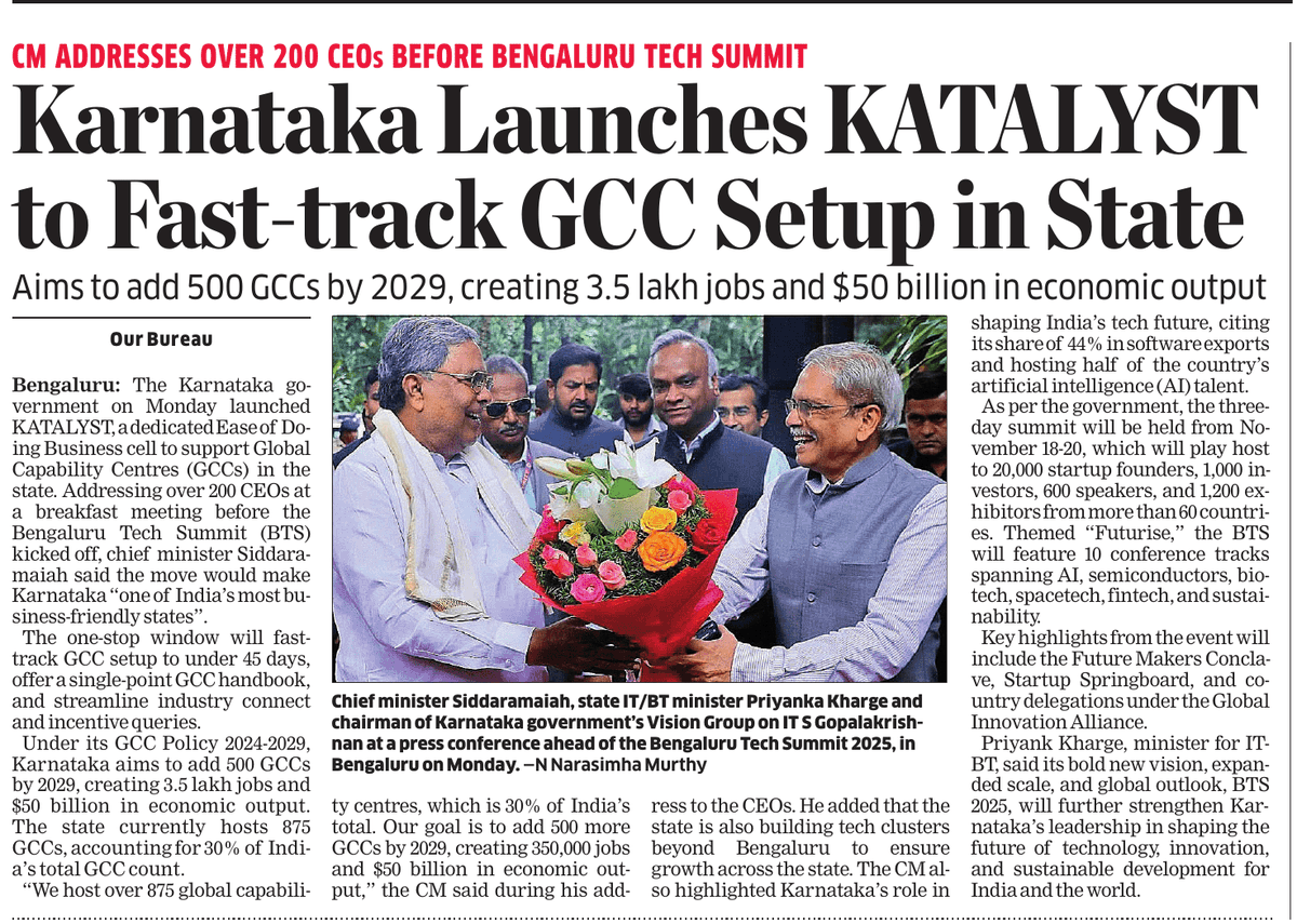Puran Choudhary (@puranchdet) on Twitter photo Addressing over 200 CEOs in the run-up to the BTS, CM Siddaramaiah said KATALYST will be a dedicated ease-of-doing-business cell to support GCCs. The one-stop window will fast-track setting up GCCs to under 45 days.
economictimes.indiatimes.com/tech/technolog…
<a href="/PriyankKharge/">Priyank Kharge / ಪ್ರಿಯಾಂಕ್ ಖರ್ಗೆ</a> <a href="/BalooET/">KR Balasubramanyam / Baloo</a> <a href="/ETtech/">ETtech</a> Addressing over 200 CEOs in the run-up to the BTS, CM Siddaramaiah said KATALYST will be a dedicated ease-of-doing-business cell to support GCCs. The one-stop window will fast-track setting up GCCs to under 45 days.
economictimes.indiatimes.com/tech/technolog…
<a href="/PriyankKharge/">Priyank Kharge / ಪ್ರಿಯಾಂಕ್ ಖರ್ಗೆ</a> <a href="/BalooET/">KR Balasubramanyam / Baloo</a> <a href="/ETtech/">ETtech</a>