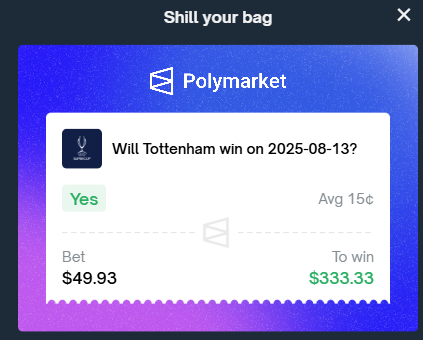I bet on Tottenham against PSG. 
I understand that Tottenham's chances of winning are very slmall, so my bet is only $50.
I can win 333 $
#Polymarket #uefa #SuperCup #Tottenham
<a href="/SpursOfficial/">Tottenham Hotspur</a>