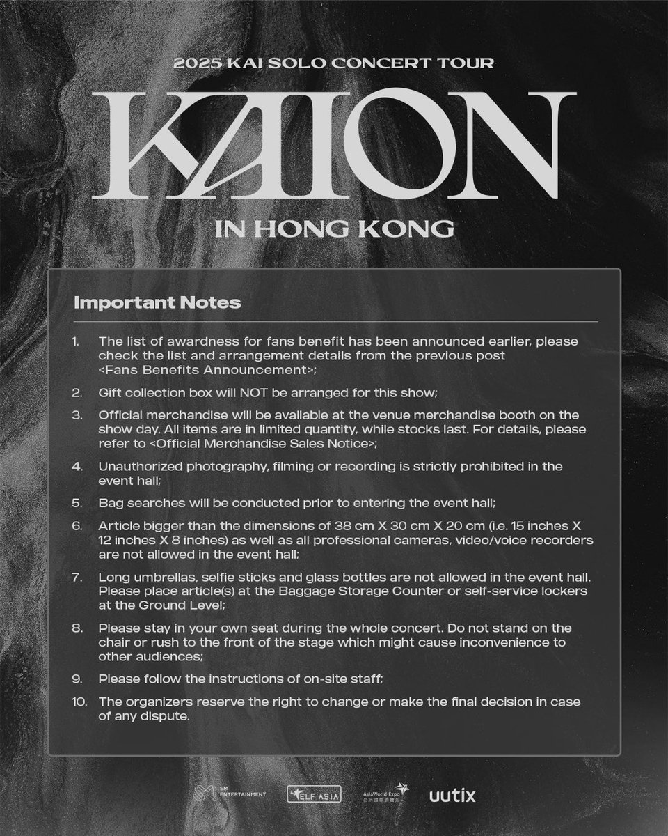 2025 KAI SOLO CONCERT TOUR <KAION> IN HONG KONG 【SHOW REMINDER】

📌 Show Time
Date: Aug 16, 2025 (Sat)
Time: 7PM
Venue: AsiaWorld-Expo, Hall 10
Doors will be opened at 6PM for general admission.

#KAI #카이 #EXO #엑소 #weareoneEXO
#KAION #KAI_KAION
#KAI_SOLO_CONCERT_TOUR