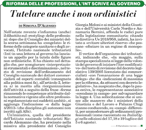 Da Italia Oggi pag.23 #INTtributaristi #Confassociazioni Riforma professioni: il Presidente dei tributaristi INT scrive al  Presidente del Consiglio Meloni e ai Ministri Bernini e Nordio,  “salvaguardare le professioni di cui alla Legge 4 del 2013”