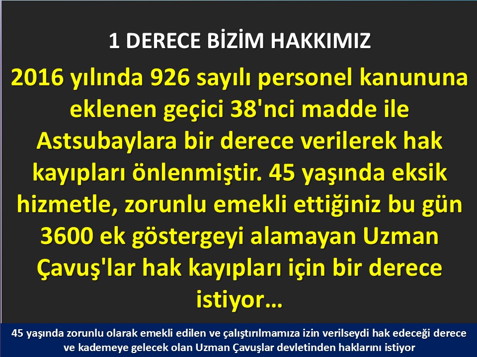 #UzmanÇavuş
#UzmanÇavuşlar
#BirDereceHak
<a href="/RTErdogan/">Recep Tayyip Erdoğan</a>
<a href="/tcsavunma/">T.C. Millî Savunma Bakanlığı</a>
<a href="/hulusiakarmedya/">Hulusi AKAR</a>
<a href="/Akparti/">AK Parti</a>
<a href="/nacibostanci/">M. Naci Bostancı</a>
<a href="/akbasogluemin/">Av. M.Emin AKBAŞOĞLU 🇹🇷</a>
<a href="/AliYerlikaya/">Ali Yerlikaya</a>
<a href="/UlviYonter/">Dr.İzzet Ulvi YÖNTER</a>
<a href="/dbdevletbahceli/">Devlet Bahçeli</a>
<a href="/MHP_Bilgi/">MHP</a>
<a href="/mustafaelitas/">Mustafa Elitaş</a>
<a href="/UlviYonter/">Dr.İzzet Ulvi YÖNTER</a>
<a href="/erkanakcay45/">Erkan Akçay</a>
<a href="/TEMUD_2024/">Türkiye Emekli Uzman Erbaşlar Derneği (TEMUD)</a>
<a href="/alitilkici38/">Ali Tilkici 🇹🇷</a>
<a href="/HMBakanligi/">T.C. Hazine ve Maliye Bakanlığı</a>