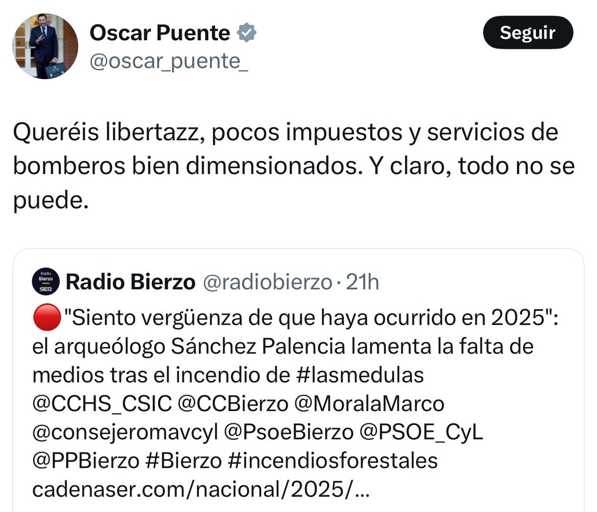 Cómo de revanchista y podrido de odio tiene que estar Puente para venir a reírse de gente que ha visto arder sus lugares. 

El desprecio de este personaje por la gran mayoría de Castilla y León da para tesis de psicología (de psicopatología más concretamente)