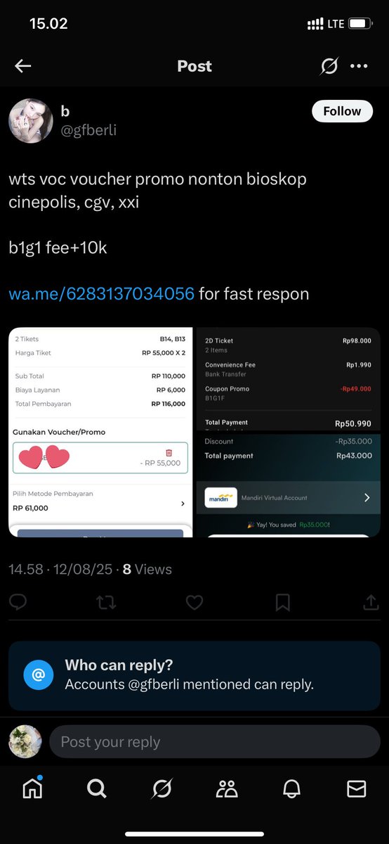 marijoki's tweet image. wts voc voucher promo nonton bioskop cinepolis, cgv, xxi

JANGAN MAU BELI DISINI YA @gfberli INI PENIPUUUUUUUUUU