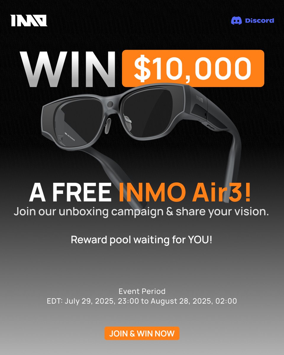 inmoxreality's tweet image. Apply Fast: [discord.gg/PBNBVFWU]
Win INMO Air3 AR Glasses + Earn 10,000$ Cash! 💰 Become an Unboxing Pioneer!
Join our Discord &amp;amp; apply to create a real Unboxing/experience video for social media.  
No pro skills needed  just your authentic opinion! 📷
#INMO #INMOAR #INMOAIR3