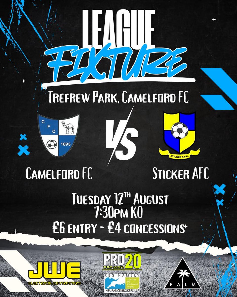 It's match day as we host <a href="/StickerAFC/">Sticker AFC</a> at Trefrew Park tonight with a 7.30pm ko. Please come along and support the Camels.🐪💙
<a href="/swpleague/">WALTER C. PARSON PENINSULA LEAGUE</a> <a href="/swsportsnews/">South West Sports News</a> <a href="/Cornishfootball/">Dave Deacon</a> <a href="/KJMsport57/">Kevin Marriott</a> <a href="/ThePostSeries/">Post Series</a>