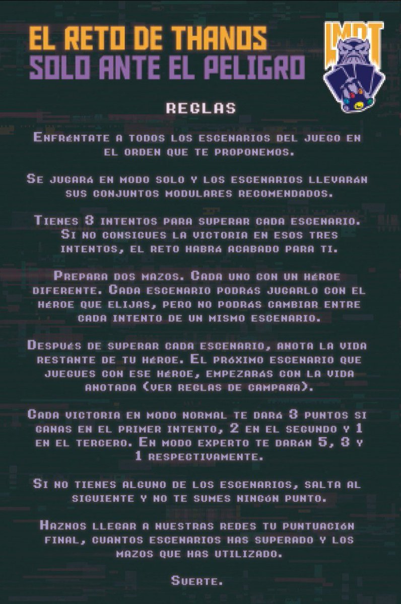 LaManodeThanos's tweet photo. 📢Atención📢

Os presentamos #ElRetodeThanos

¡Dos héroes! ¡Vida limitada! ¡51 Escenarios!
De las calles de Nueva York a los confines del espacio, la dificultad aumenta en cada nivel y tus heridas también...

¿Cuántos combates podrás resistir antes de caer?

#MarvelChampions https://t.co/9voMU2ui0d