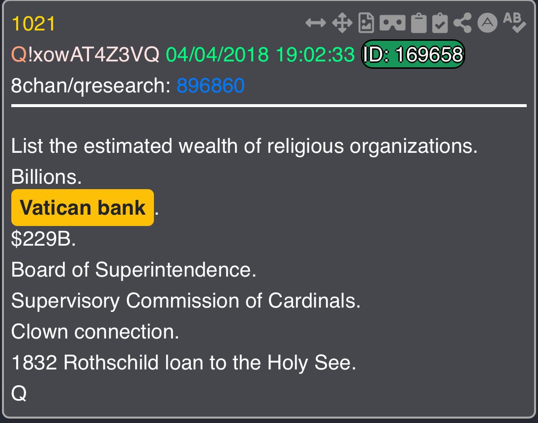 The Vatican Bank is being accused of Money Laundering…

Ya don’t say…

🟨 Drop 1021

“List the estimated wealth of religious organizations.
Billions.
👉VATICAN BANK.
$229B.
Board of Superintendence.
Supervisory Commission of Cardinals.
Clown connection.
1832 Rothschild loan to