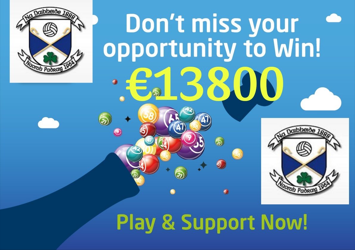 Our Club Lotto Draw will take place tonight Tuesday at 8:30pm in St Patrick's Hall with a Jackpot of €13800

Four lucky dips of €40 if the jackpot isn't won.

Envelopes are available in all local business's.

To enter online click on the link below

member.clubspot.app/club/st-patric…