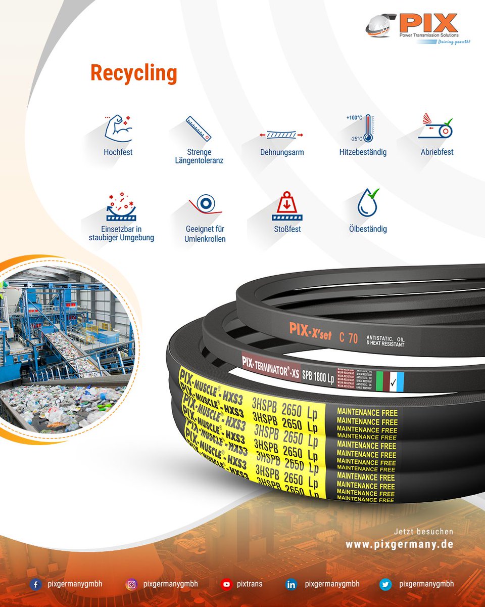 ♻ PIX-Antriebsriemen fürs Recycling – Hochleistungsfähig, dehnungsarm, hitze- &amp; abriebfest, staubgeschützt, umlenkrollen-geeignet, stoß- &amp; ölbeständig. Perfekt für Förderbänder, Sortier- &amp; Zerkleinerungsanlagen.
