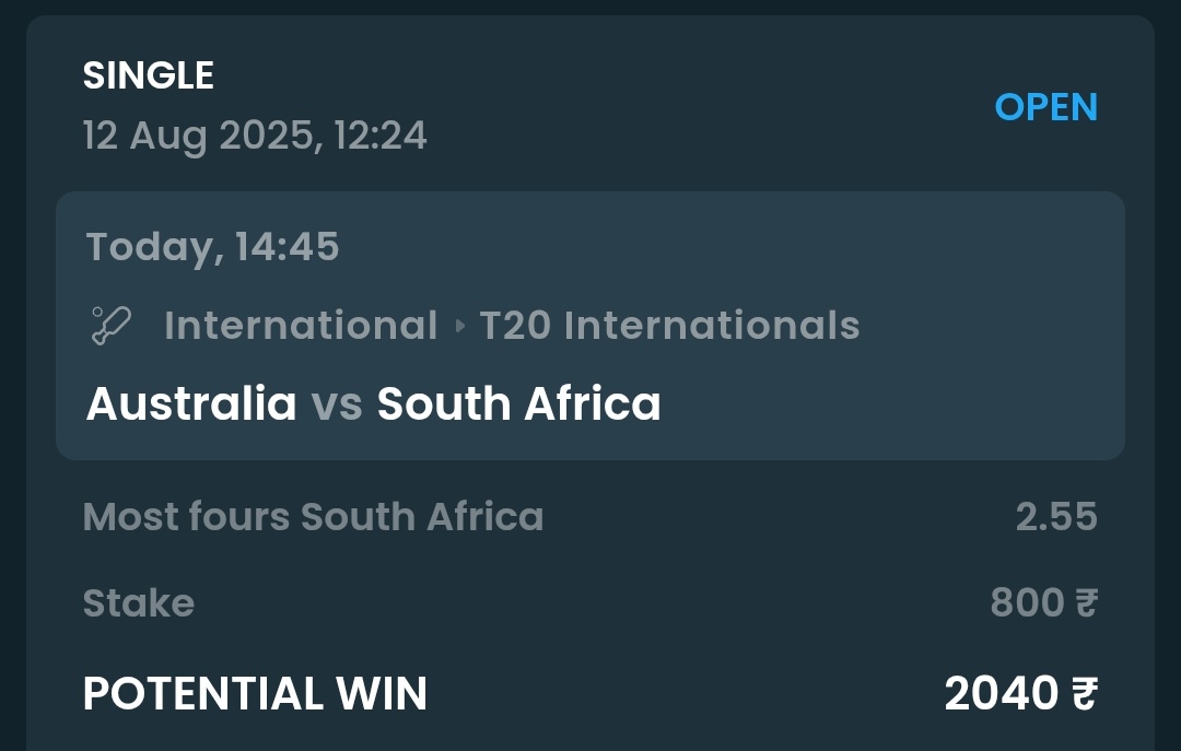 #AUSvSA Pre-Match Bets:

🔸G Linde 24 PP Yes @ 2 odds

🔸Most Fours -SA @ 2.55 odds

📍Placed in fairwin247.in 

My Assumptions: 

G Linde is Good Allrounder and pitch will support slightly for spinners in middle overs , Last Match he bowled one over in  powerplay and