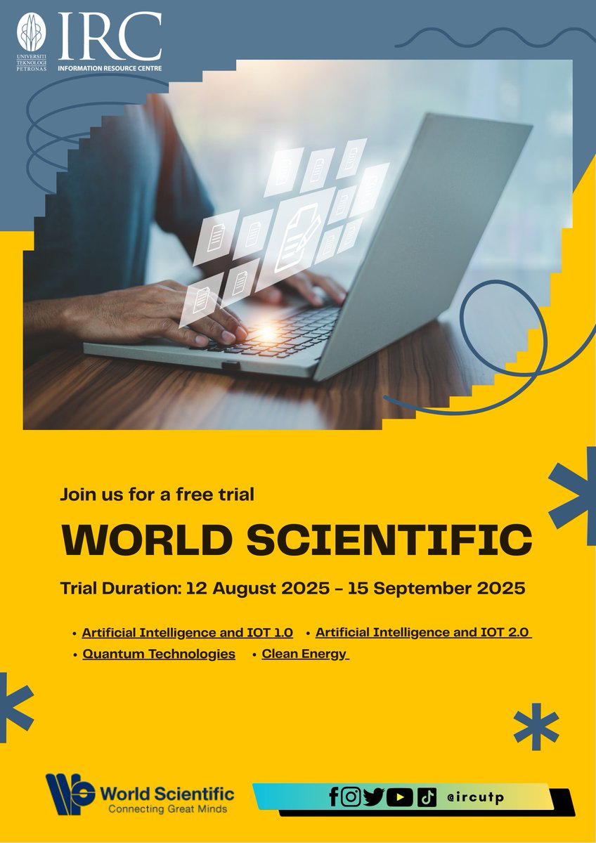 IRCUTP's tweet photo. Join our FREE trial access to WORLD SCIENTIFIC from 12 August – 15 September 2025.

📚 Don’t miss this opportunity to expand your knowledge!

#UTPinME #LetsgotoIRC #worldscientific https://t.co/kqfYzSizae