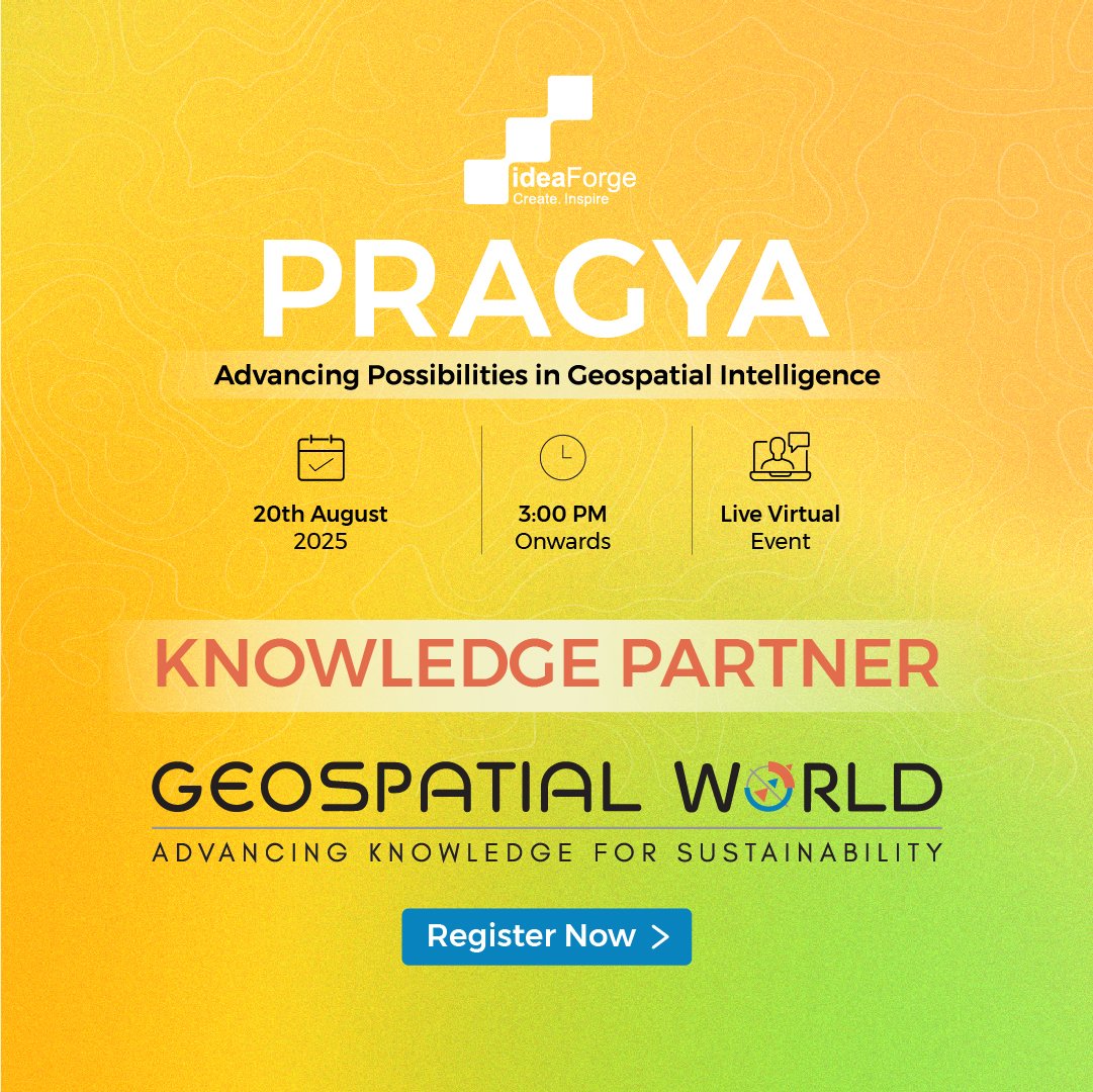 Geospatial World (@geospatialworld) on Twitter photo We’re pleased to be the Knowledge Partner for #PRAGYA2025 – <a href="/ideaforge_tech/">ideaForge Technology Limited</a>'s inaugural summit on Advancing Possibilities in Geospatial Intelligence.
Request your invite to join industry leaders to explore next-gen UAVs & the future of drone-powered GIS shorturl.at/sg9X2 We’re pleased to be the Knowledge Partner for #PRAGYA2025 – <a href="/ideaforge_tech/">ideaForge Technology Limited</a>'s inaugural summit on Advancing Possibilities in Geospatial Intelligence.
Request your invite to join industry leaders to explore next-gen UAVs & the future of drone-powered GIS shorturl.at/sg9X2