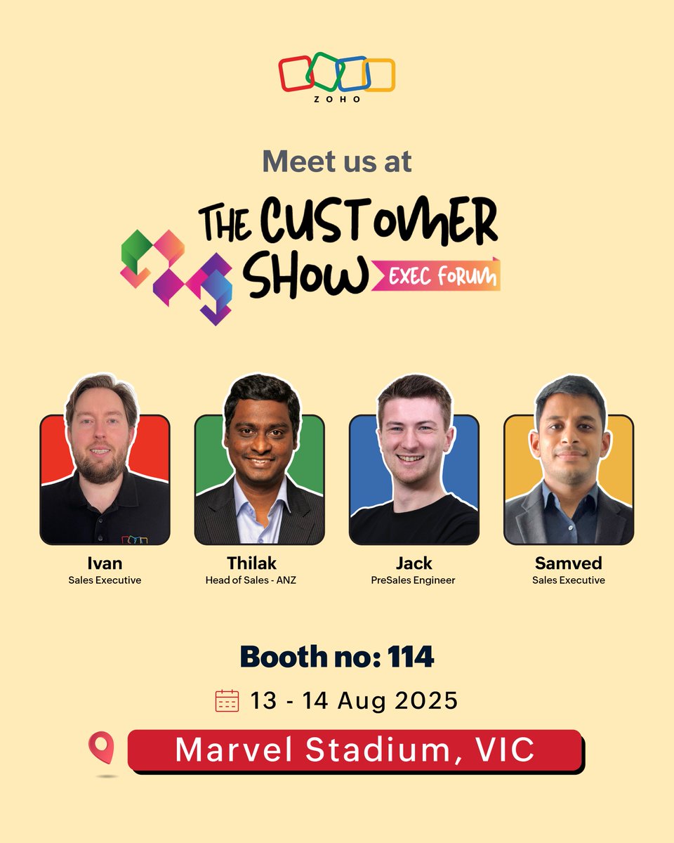 It’s almost showtime! 🎯 The Customer Show kicks off tomorrow, and over the next two days we’ll be diving into all things CX, and showing businesses how Zoho helps you work smarter and deliver experiences your customers will love. 

Come meet our team at booth 114!