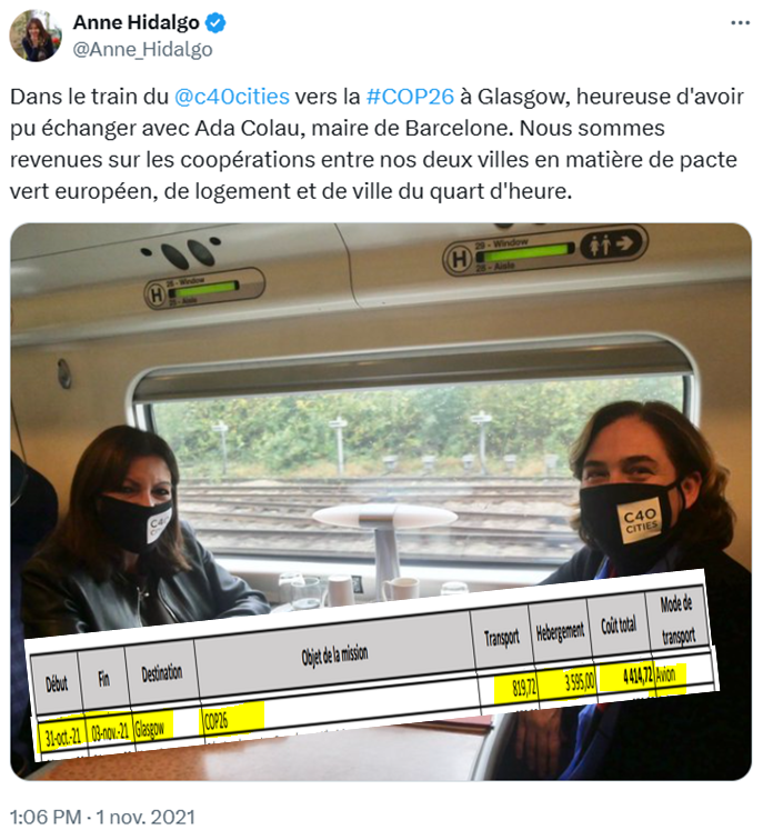 mtwit75's tweet photo. #AnneHidalgo s'affichait dans un train pour aller à la COP26 à Glasgow ... on apprend aujourd'hui qu'elle a discrètement fait le trajet retour en avion, et qu'elle y a cramé 3595€ pour 3 nuits d'hébergement. https://t.co/SanquZjZd6