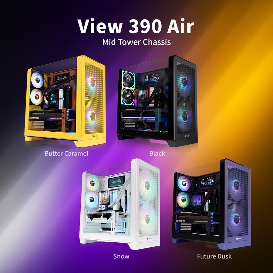 ThermaltakeInc's tweet photo. View 390 Air 🎨 Available in four stunning color options!
🧈 Butter Caramel, 🖤 Black, ❄️ Snow, and 🌅 Future Dusk.
🔗 Check here: https://t.co/JeZSmf2BnF
#Thermaltake #View390 #NewRelease #PCBuild #RGBSetup #TemperedGlassCase #TTModding https://t.co/FeDsevqUes