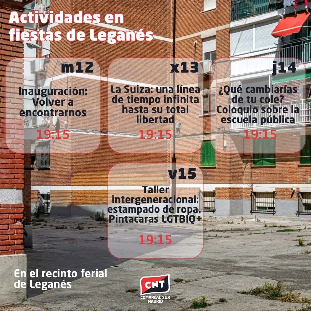Las fiestas comprometidas de <a href="/CNT_Villaverde/">CNT Comarcal Sur Madrid</a> #Madrid.

La caseta de CNT en fiestas de #Leganés no es solo un espacio para el ocio de nuestra clase. Es también un punto de encuentro, debate y formación.