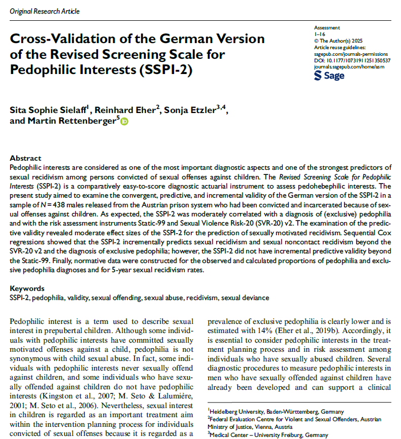 MarRettenberger's tweet photo. Recently we have published a

"Cross-Validation of the German Version of the Revised Screening Scale for Pedophilic Interests (SSPI-2)"

in Assessment @SagePsychology @APA @SCPdiv12 @APAGradECP 

https://t.co/vqxkQpvLR0

https://t.co/rOeVU6KGxP https://t.co/vDDnA9sblU