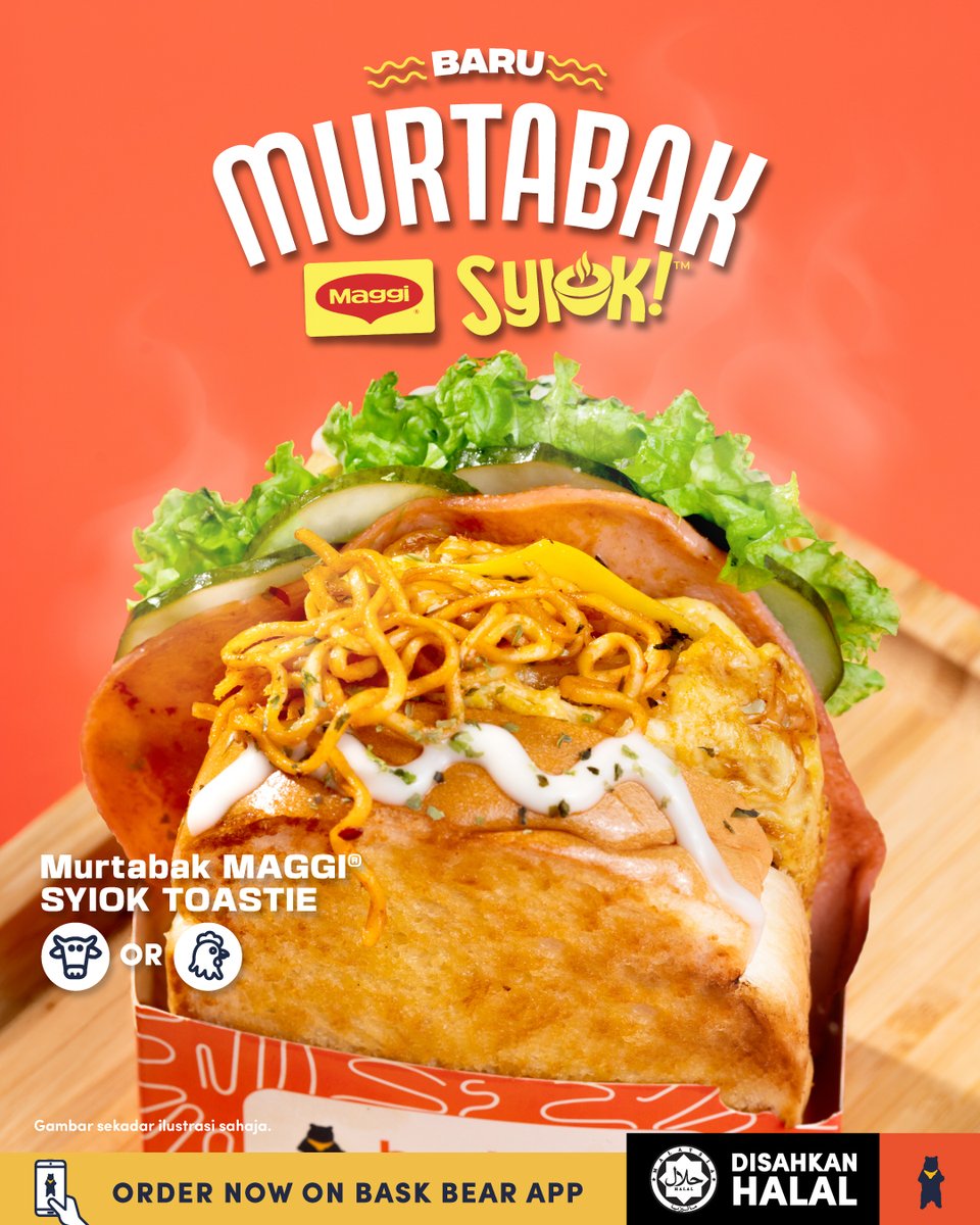 baskbearcoffee_'s tweet photo. Maggi padu dibalut telur gebu, sayur dan pilihan hirisan ayam atau daging. Semua masuk dalam Murtabak MAGGI® SYIOK Toasties 🥪 Sesuai time sarapan, lunch atau bila-bila rasa nak syiokkkk. ​

So korang #TeamAyam ke #TeamDaging?​

#BaskBear #TasteTheConfidence #BiteLickEnjoy #BaskBearMurtabakMaggiSyiok #MurtabakMaggiSyiok