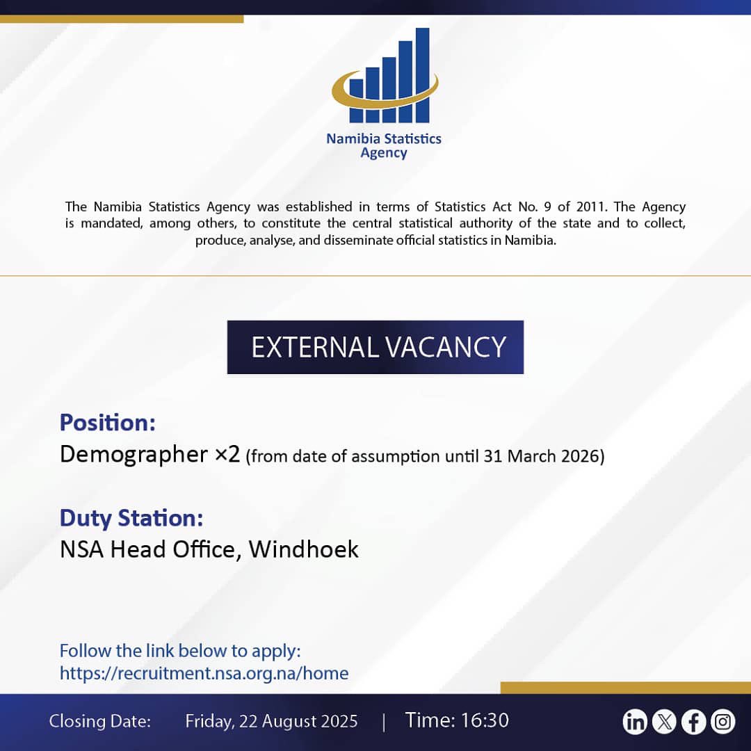 namstatsagency's tweet photo. 🔍We’re hiring!
The Namibia Statistics Agency needs 2 Demographers for a short-term contract. Be part of the team driving #statistics for development — apply today.
#opportunities #demographers #vacancies https://t.co/LQh3IGQTsL