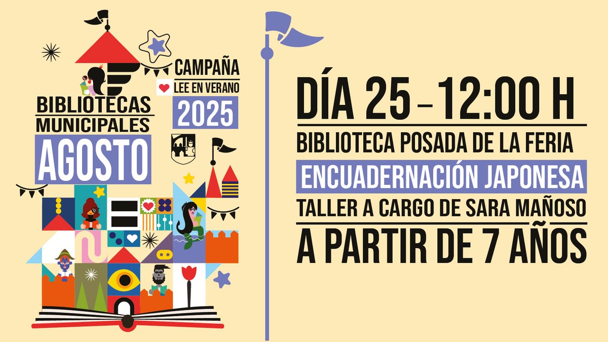 Ya puedes apuntarte al taller de Encuadernación japonesa. A partir de 7 años.
25 de agosto a las 12:00 horas, en la Biblioteca Posada de la Feria.
Inscripción de manera presencial en la biblioteca o llamando al 920350000 ext. 805
¡Plazas limitadas! ¡No te quedes sin la tuya!